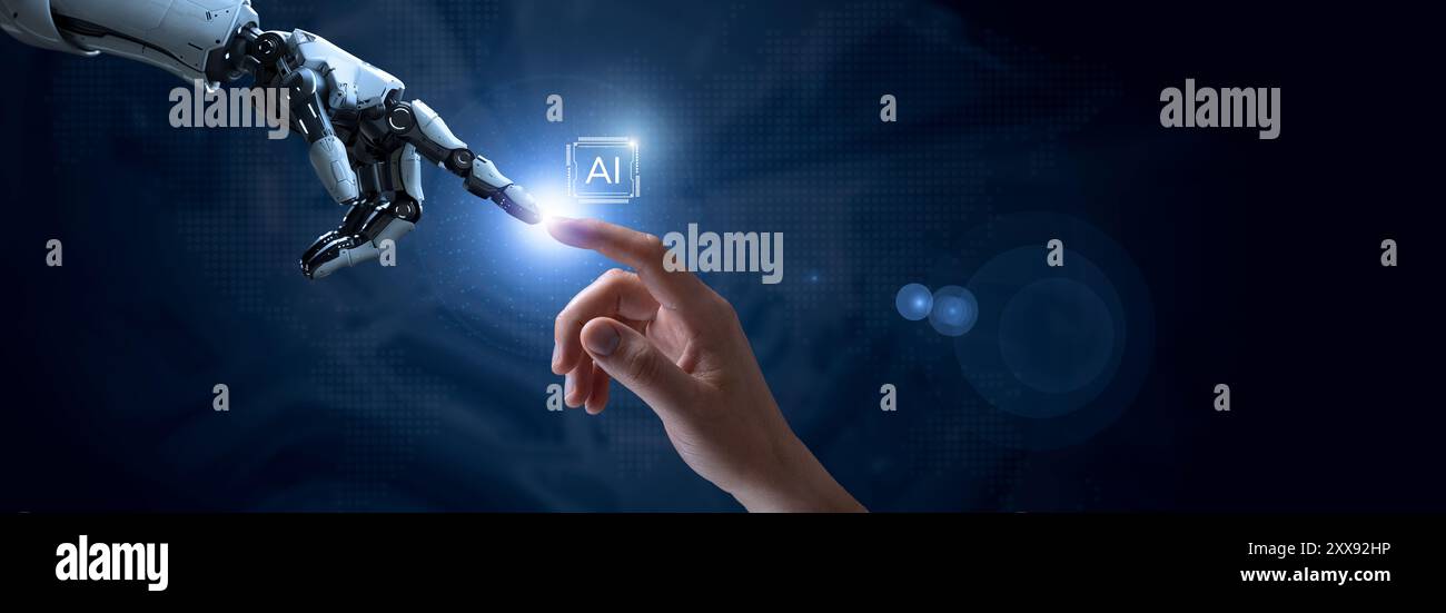 AI, machine learning robot and human hands touch on big data network Stock Photo