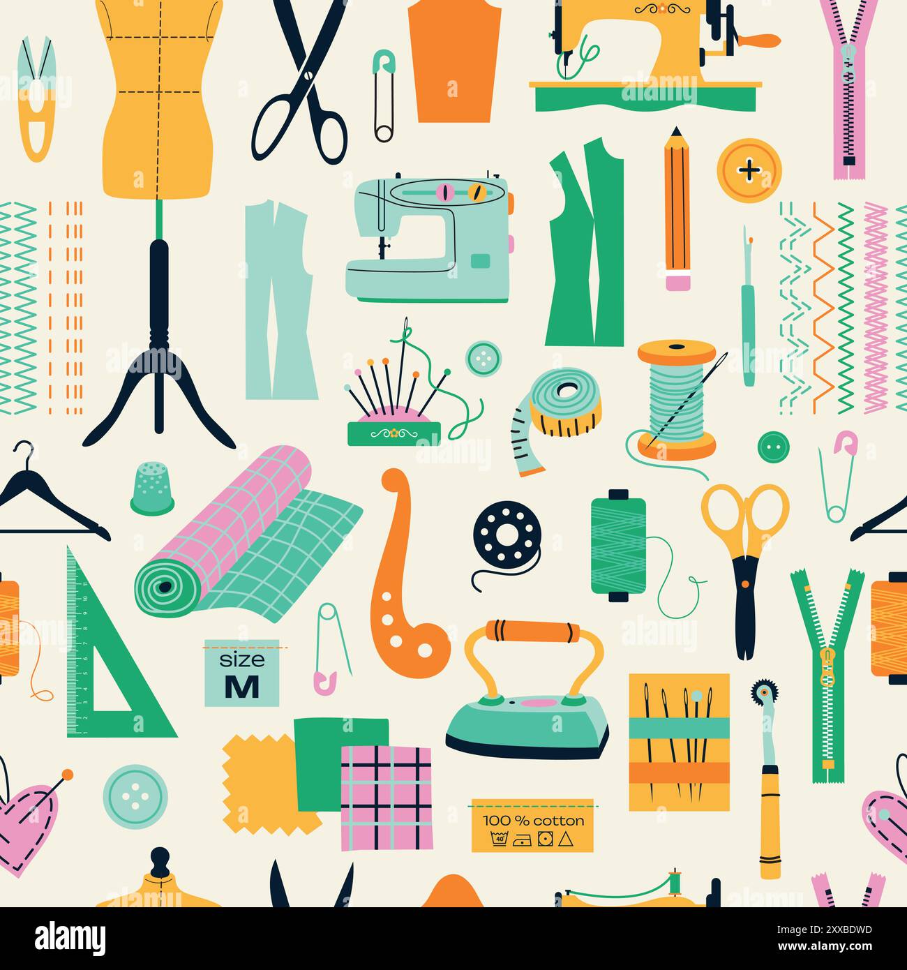 Seamless pattern of sewing tools icons tailor hand made workshop Stock Vector