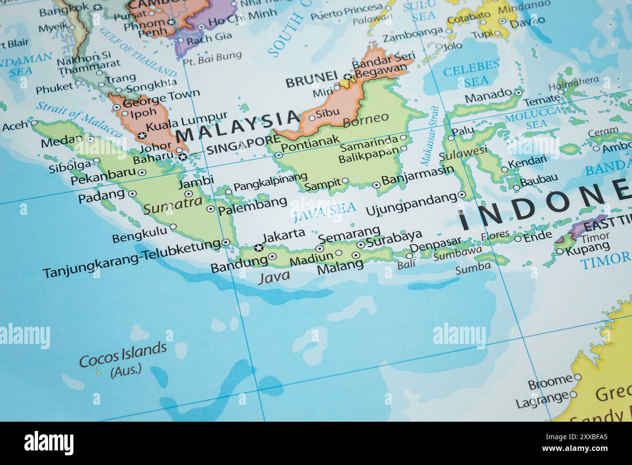 Close up to a Java Sea region in south east Asia with countries frontiers and most importants cities Stock Photo