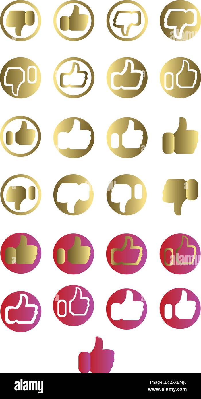 Set of thumbs up and down symbols in golden and pink colors like icon