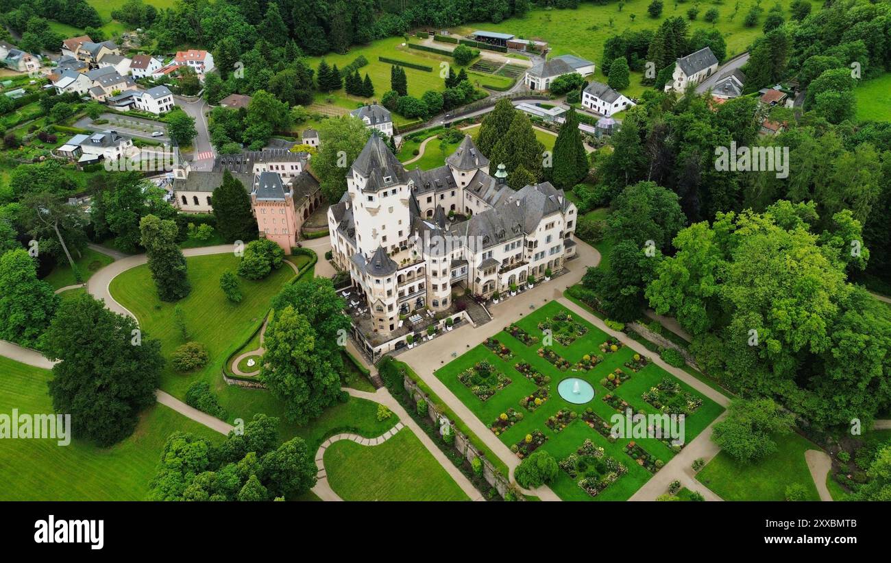 drone photo Colmar-Berg castle Luxembourg europe Stock Photo