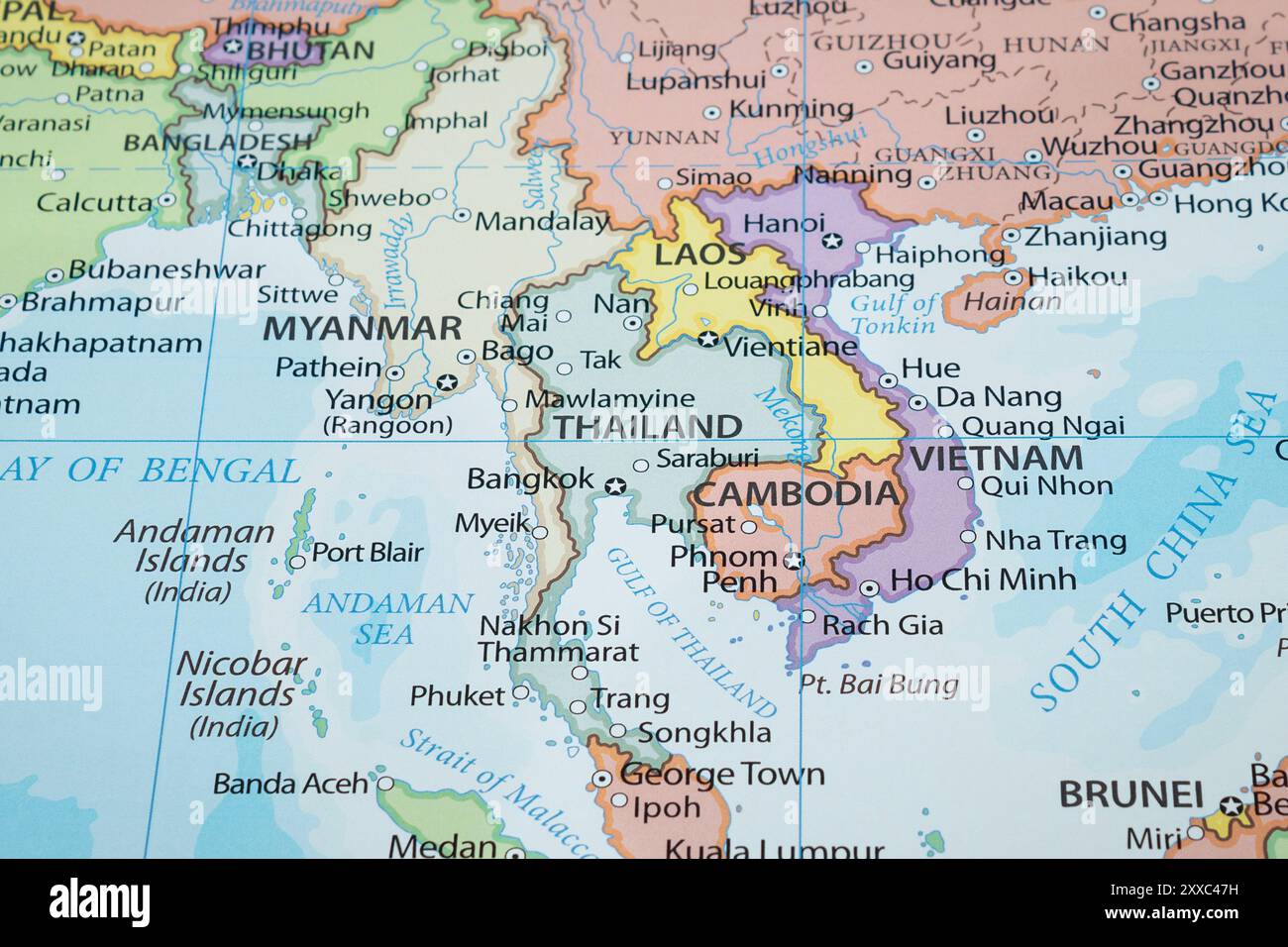 Close up to a Thailand political map with country frontiers and most importants cities Stock Photo