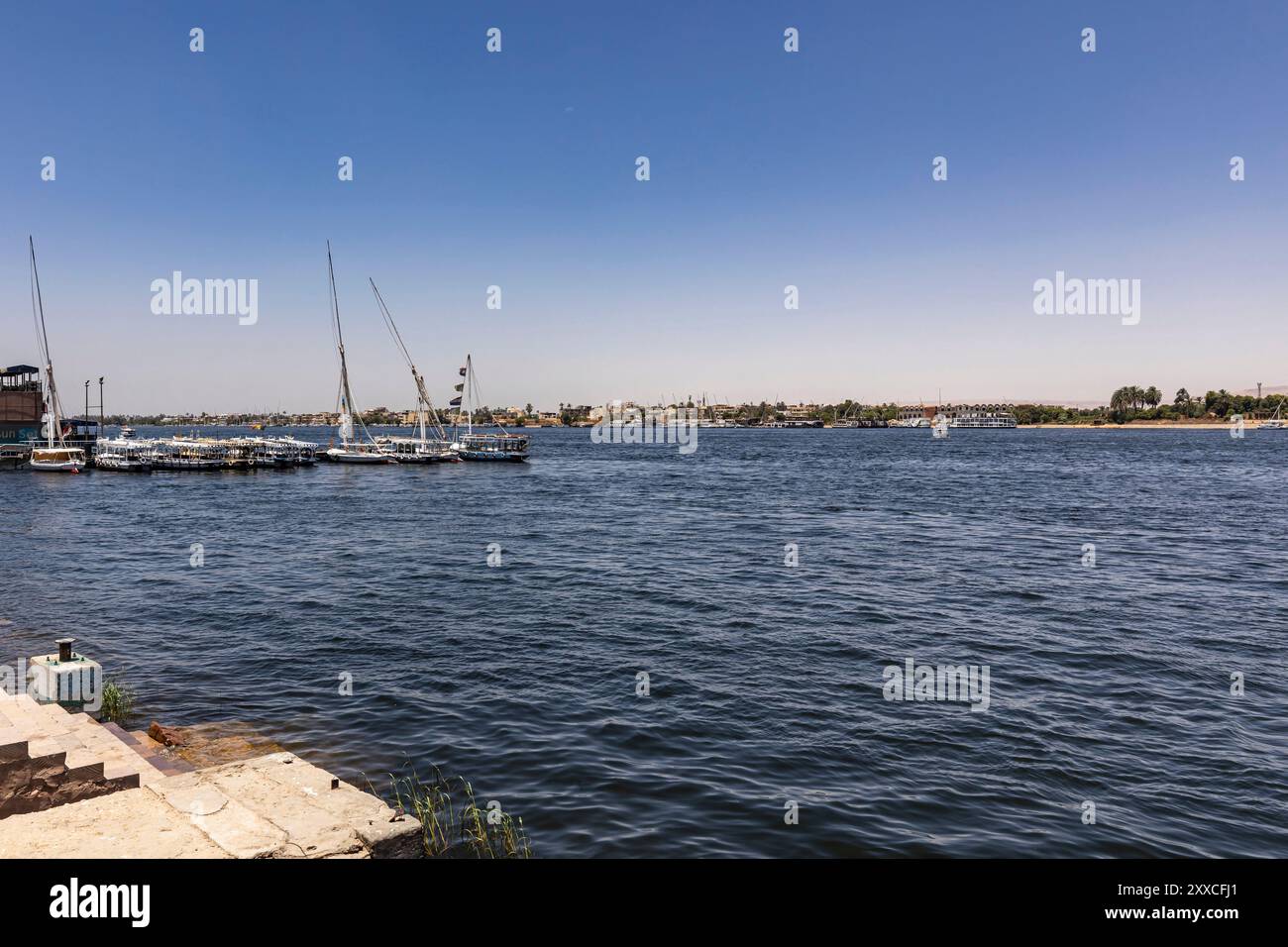 East bank of the Nile, riverside with ports, downtown, city center, Luxor, Egypt, North Africa, Africa Stock Photo