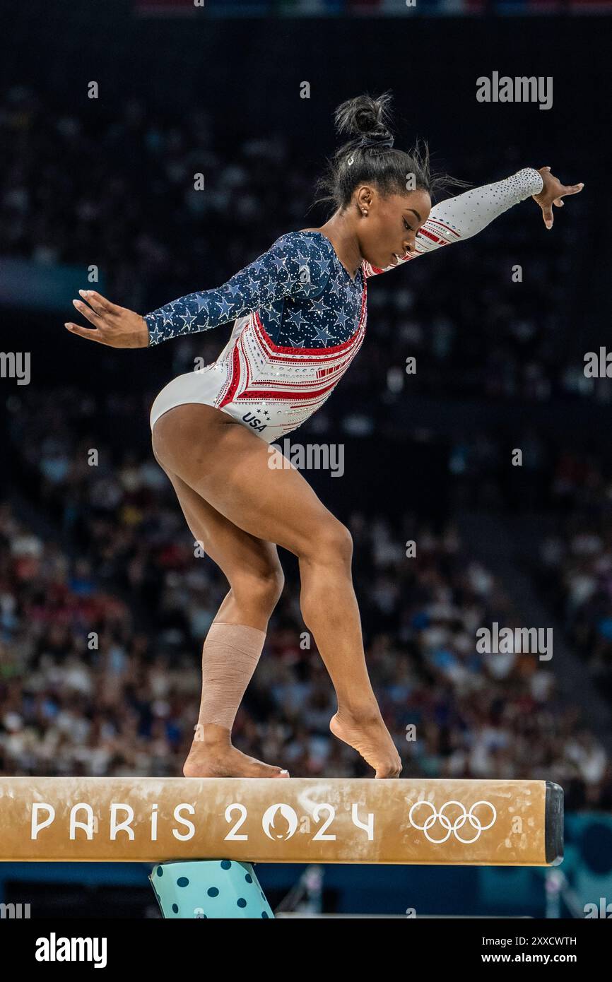 Simone Biles USA) competes on the balance beam during the Women's