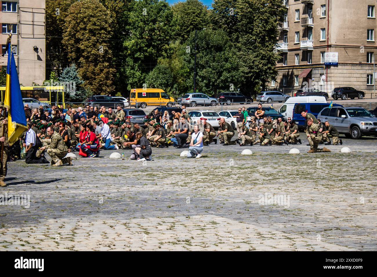 Lviv, Ukraine, August 23, 2024 Servicemen attend the funeral of three ...