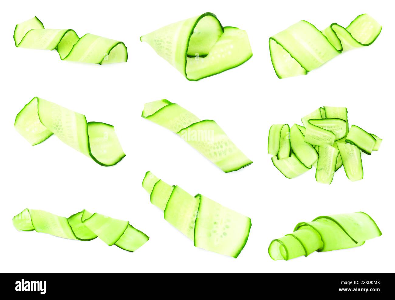 Thinly sliced cucumbers isolated on white, collage Stock Photo