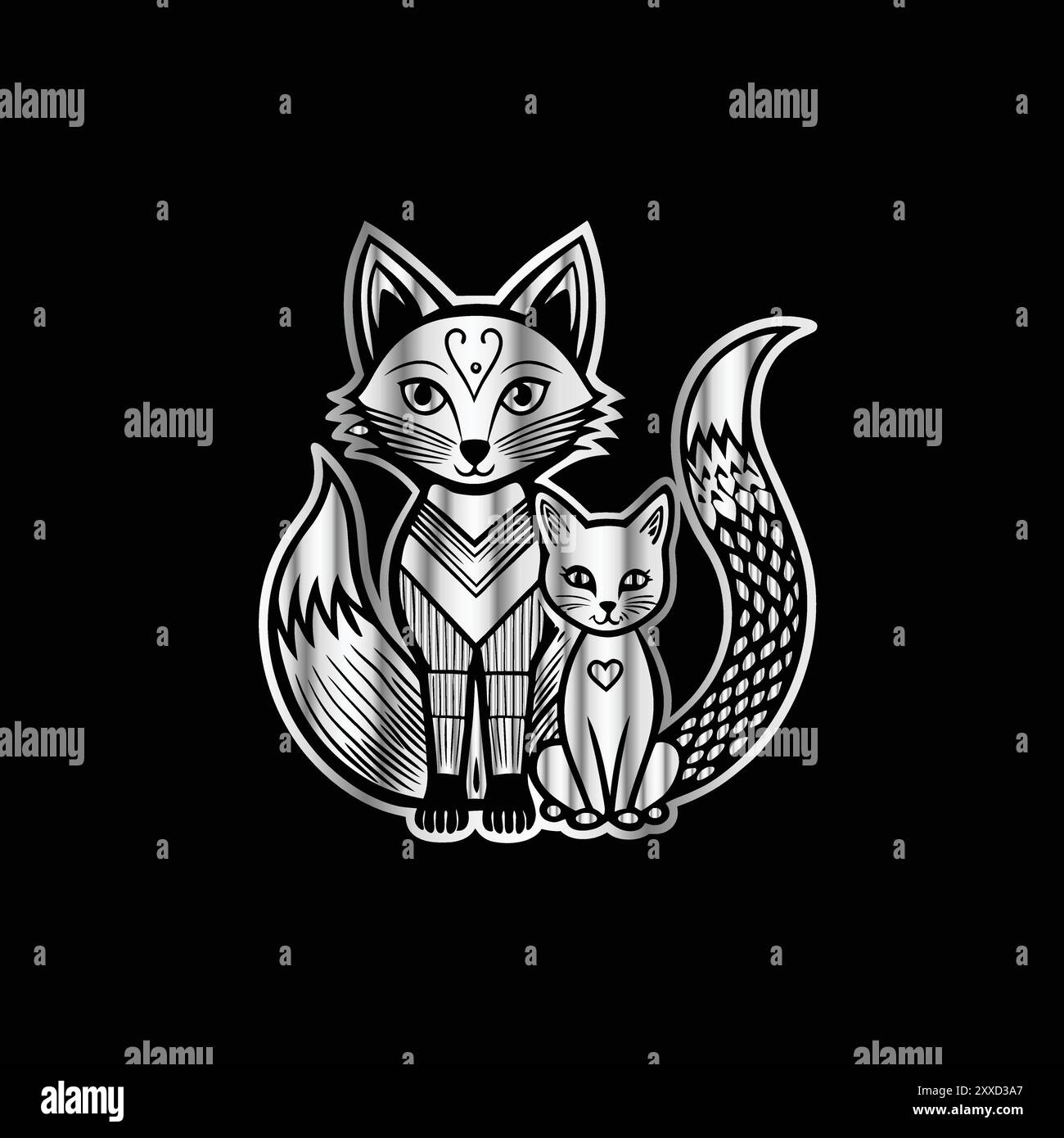 Cute fox and cat with heart on black background. Vector illustration. Vector image of a fox and cat in the shape of a heart Stock Vector