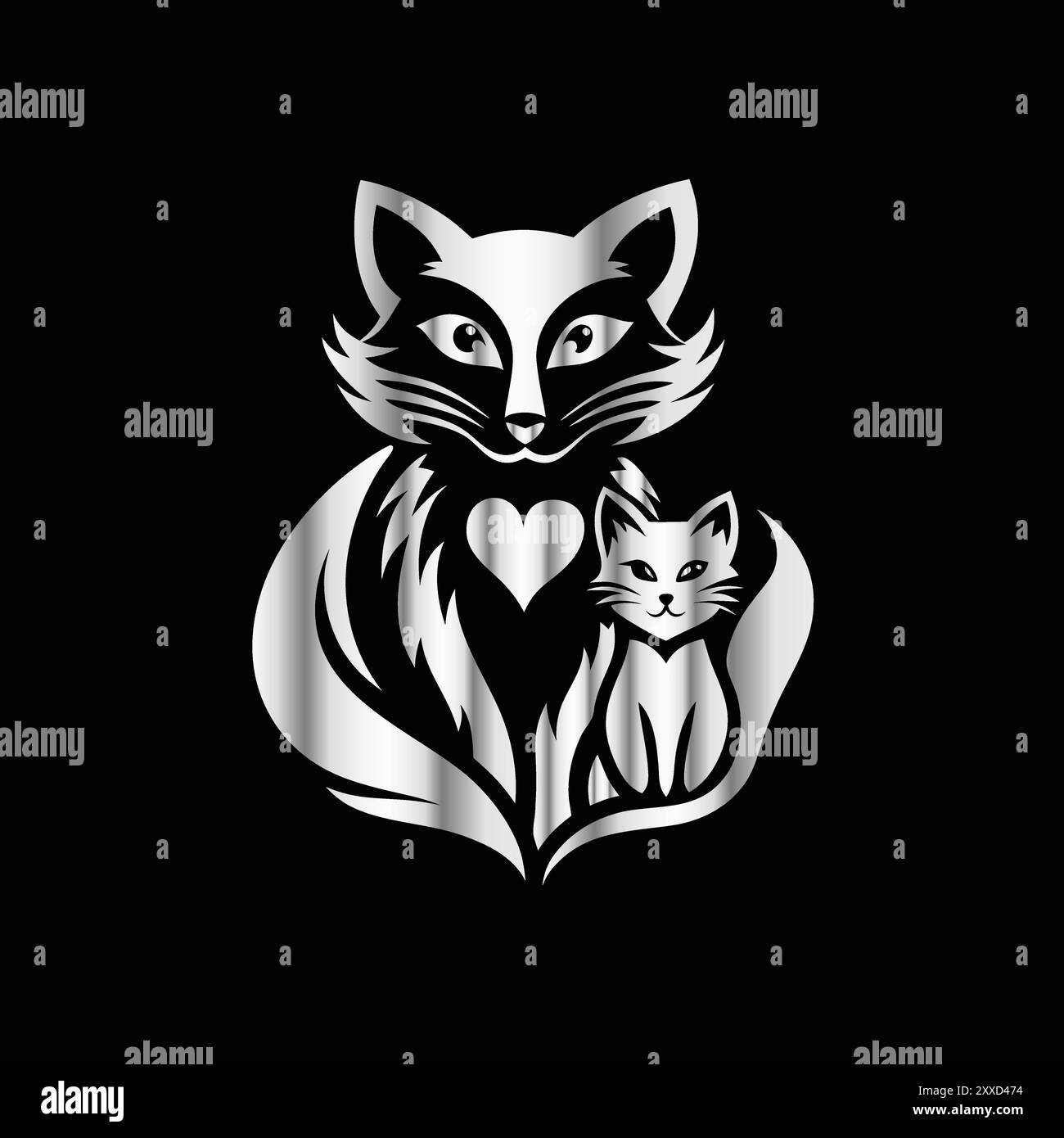 Cute fox and cat with heart on black background. Vector illustration. Vector image of a fox and cat in the shape of a heart Stock Vector