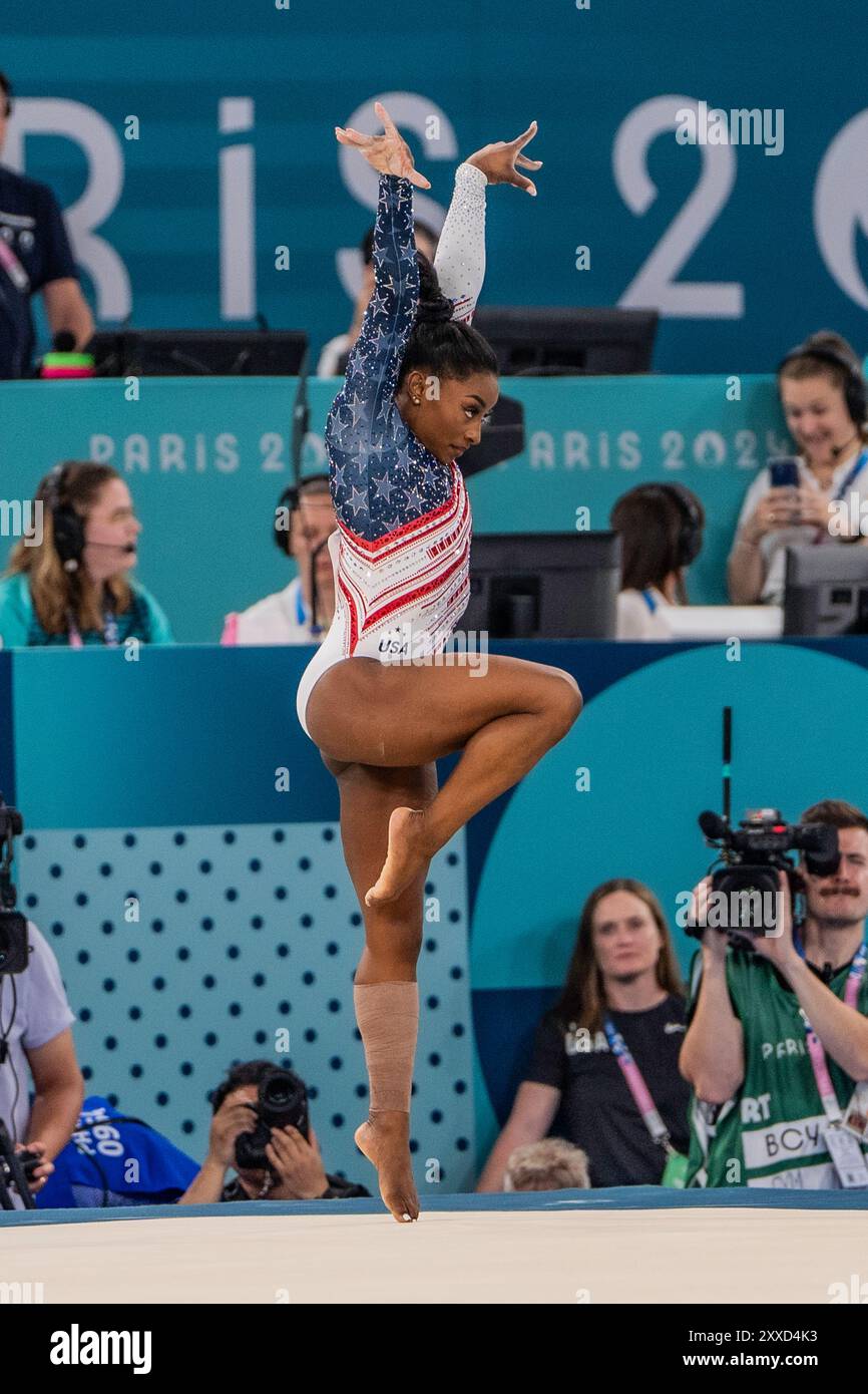 Simone Biles USA) competes on the floor exercise during the Women's