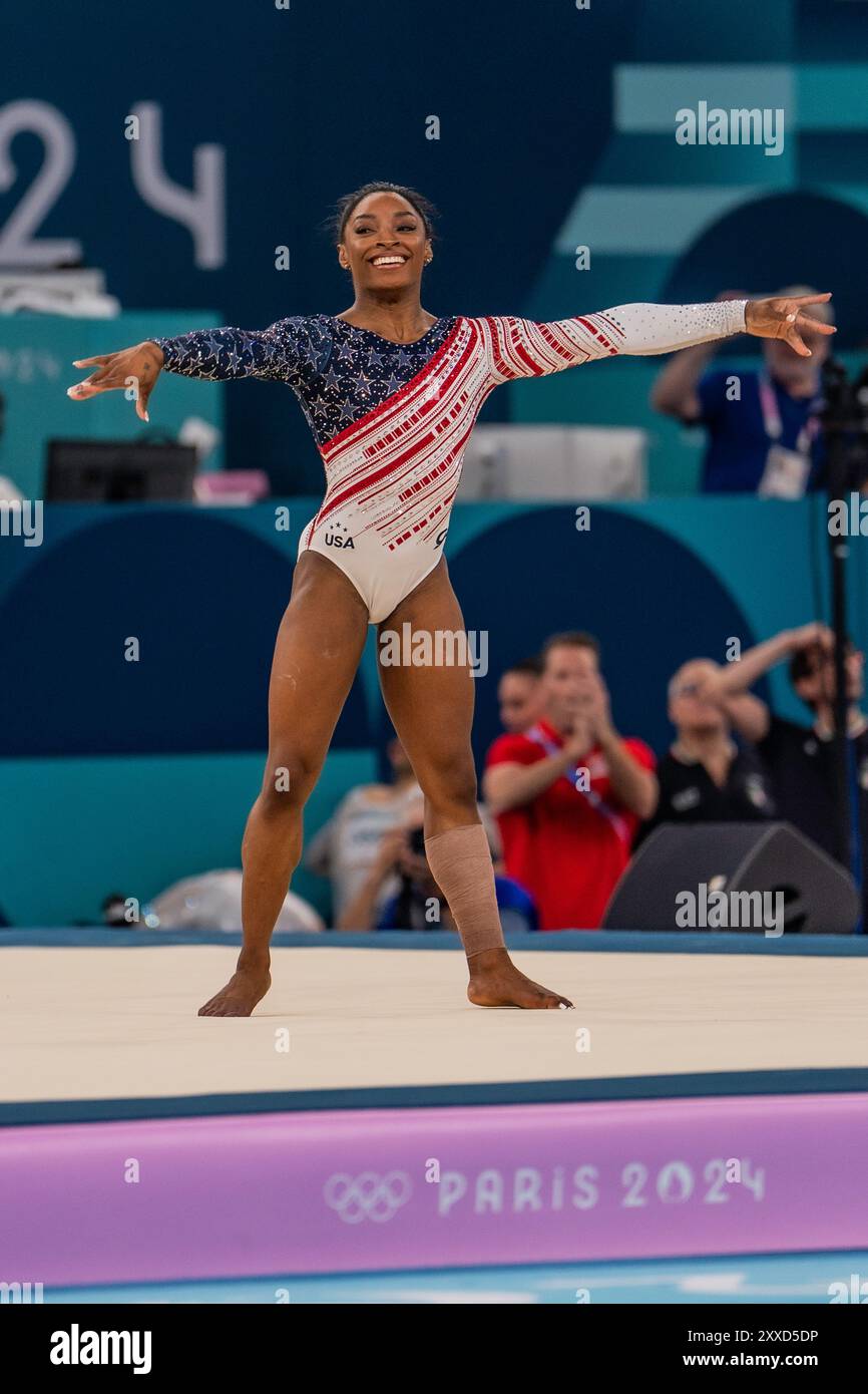 Simone Biles USA) competes on the floor exercise during the Women's