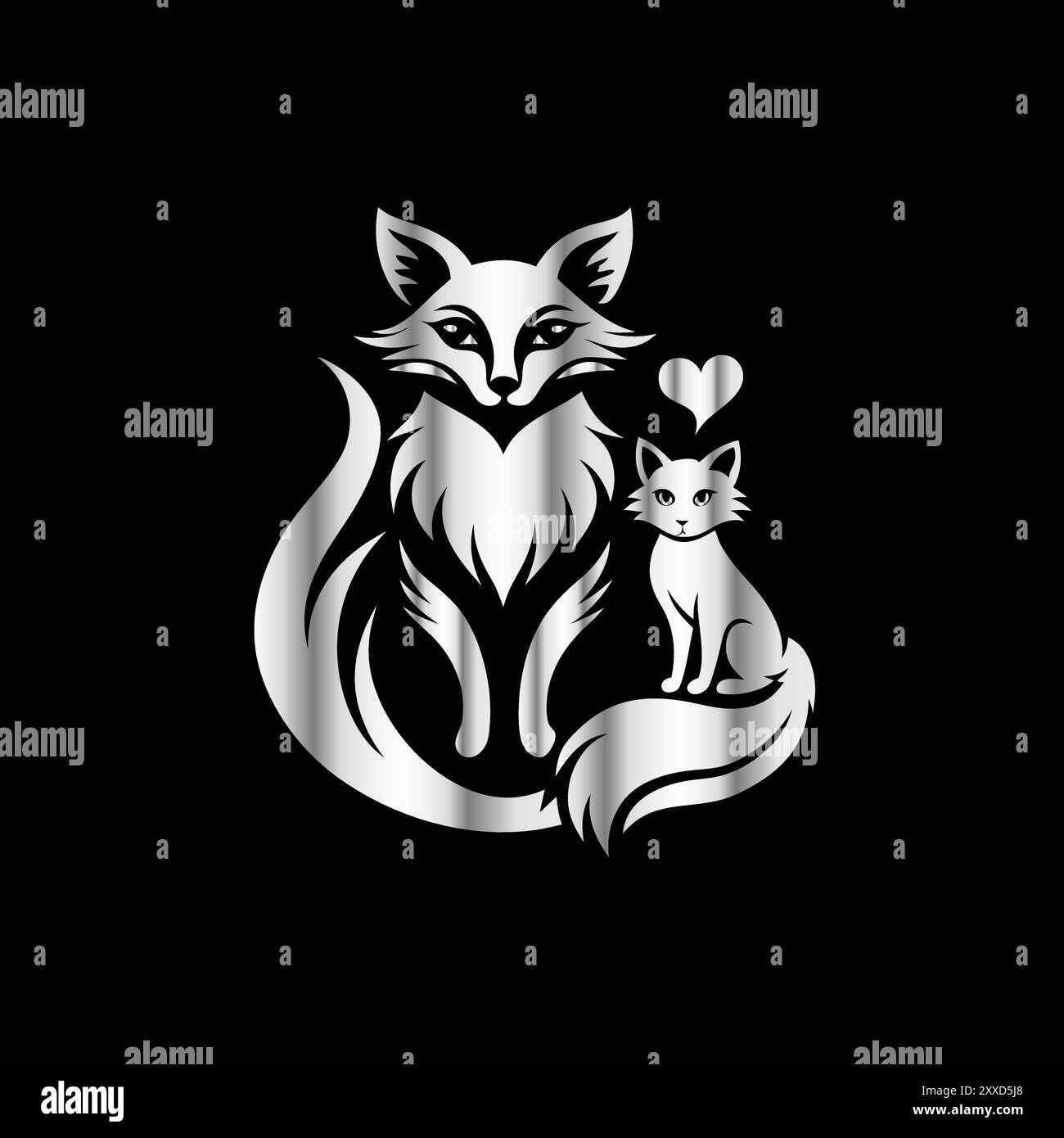 Cute fox and cat with heart on black background. Vector illustration. Vector image of a fox and cat in the shape of a heart Stock Vector