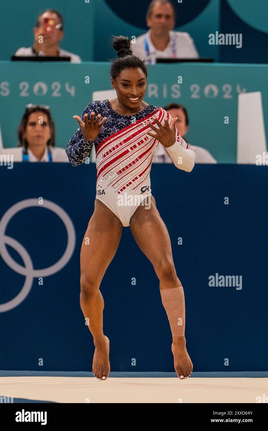 Simone Biles USA) competes on the floor exercise during the Women's