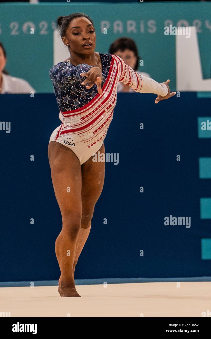 Simone Biles USA) competes on the floor exercise during the Women's