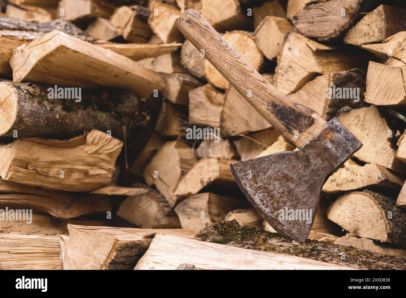 The ax is stuck in a log against the backdrop of chopped firewood lying in a flat pile. Close-up Stock Photo