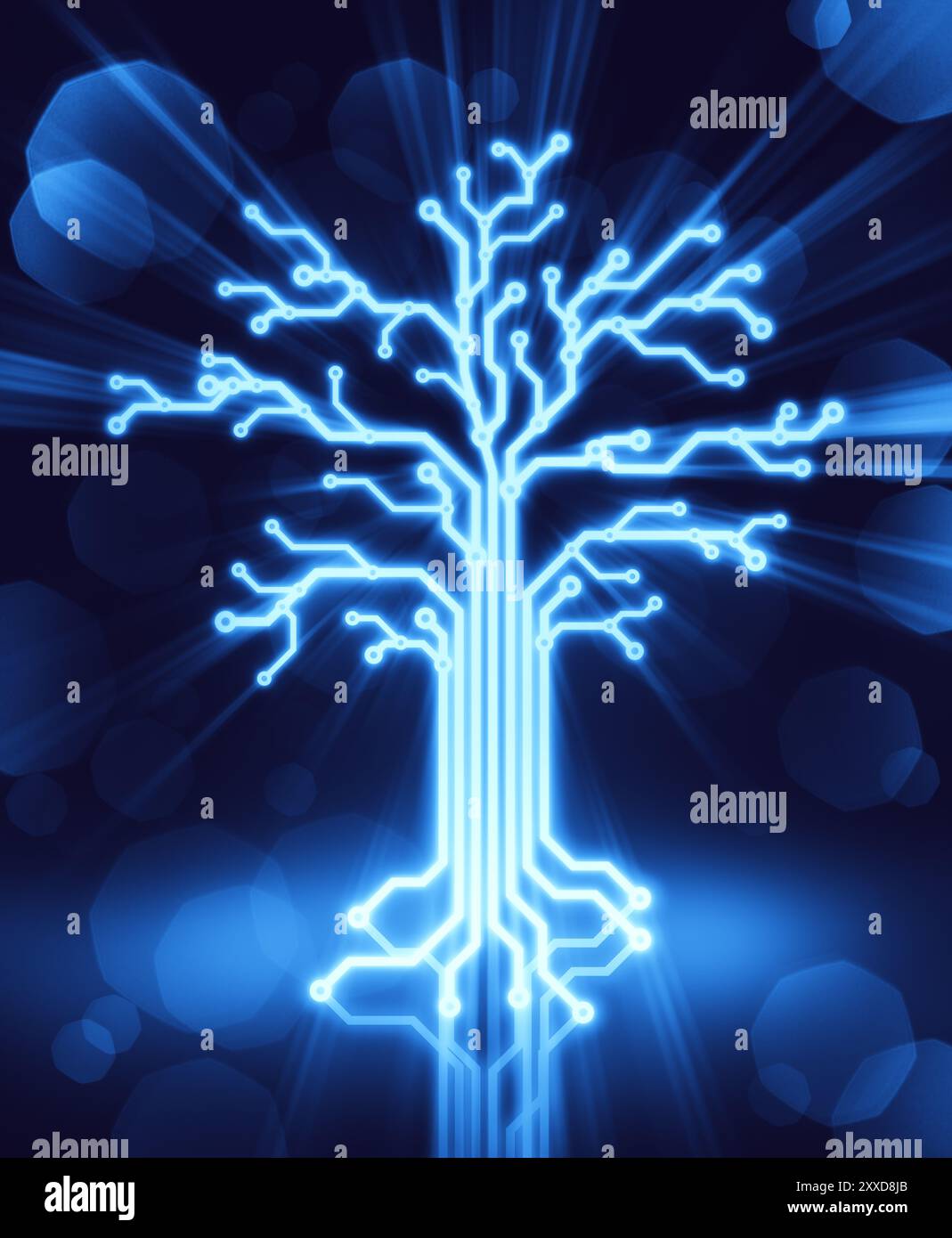 Glowing digital tree made of circuits, conceptual illustration blue on ...