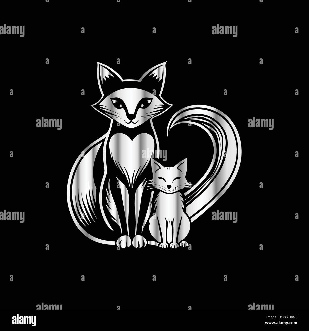 Cute fox and cat with heart on black background. Vector illustration. Vector image of a fox and cat in the shape of a heart Stock Vector