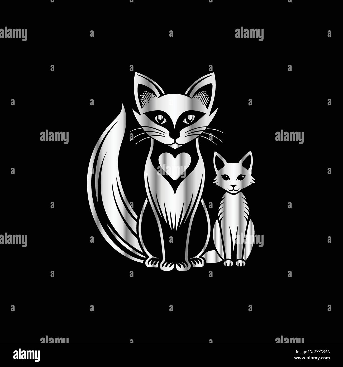 Cute fox and cat with heart on black background. Vector illustration. Vector image of a fox and cat in the shape of a heart Stock Vector