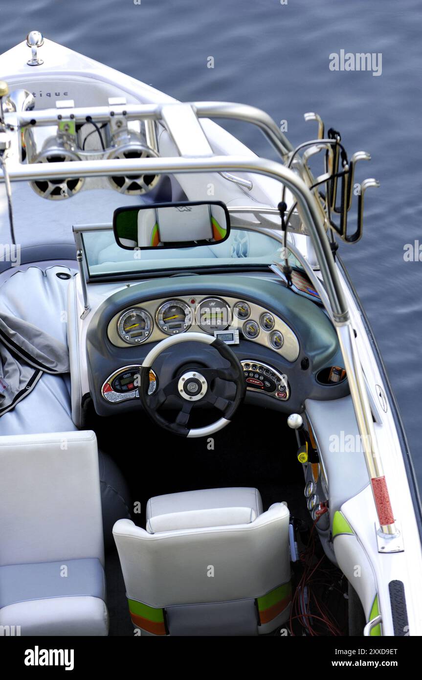 Boat Driving Position Stock photo of a Close-up aerial view of a speed motorboat driver seat ...