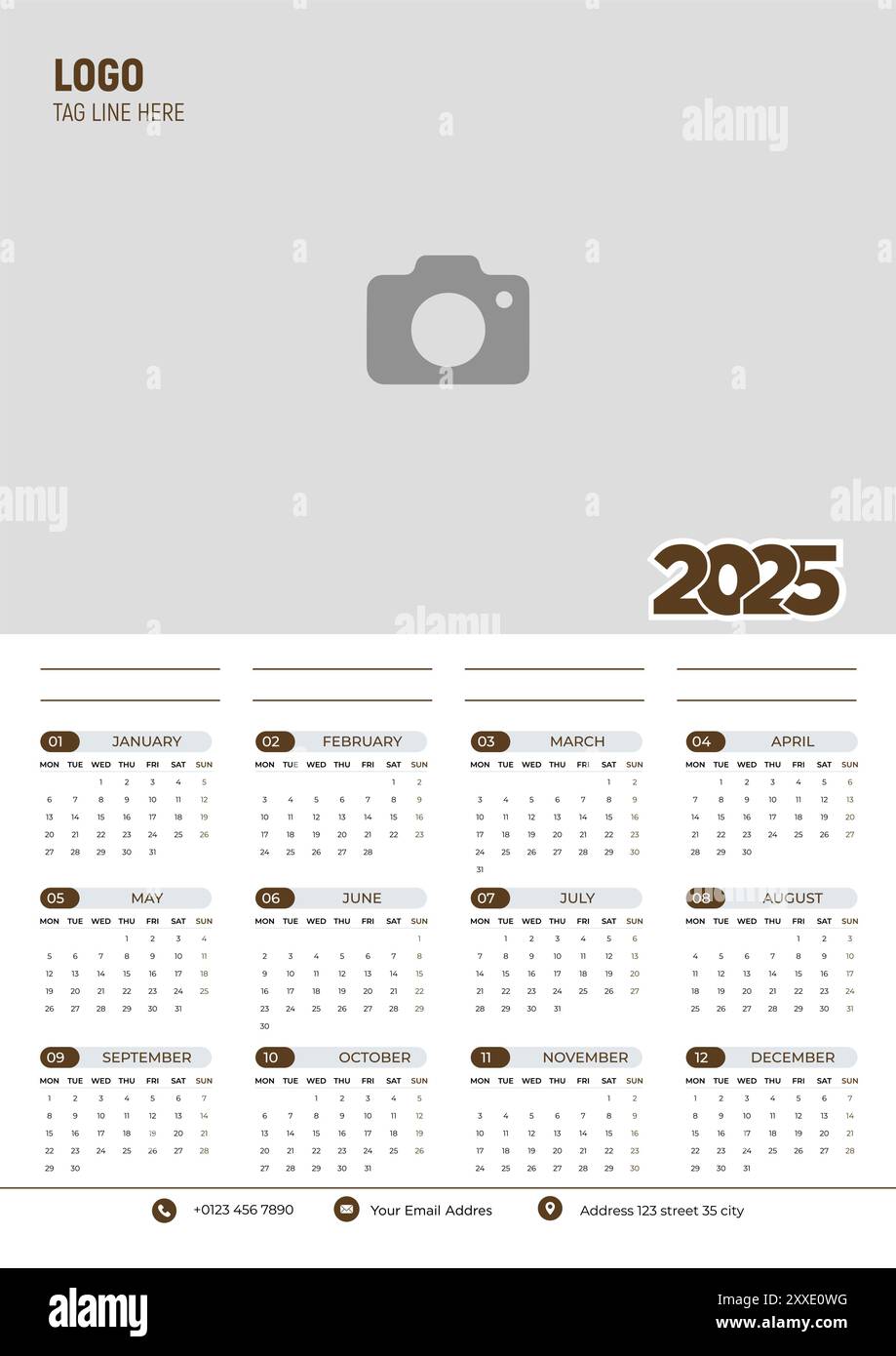 2025 Calendar Design, Wall Calendar Template, A4 Size, Easy to Place