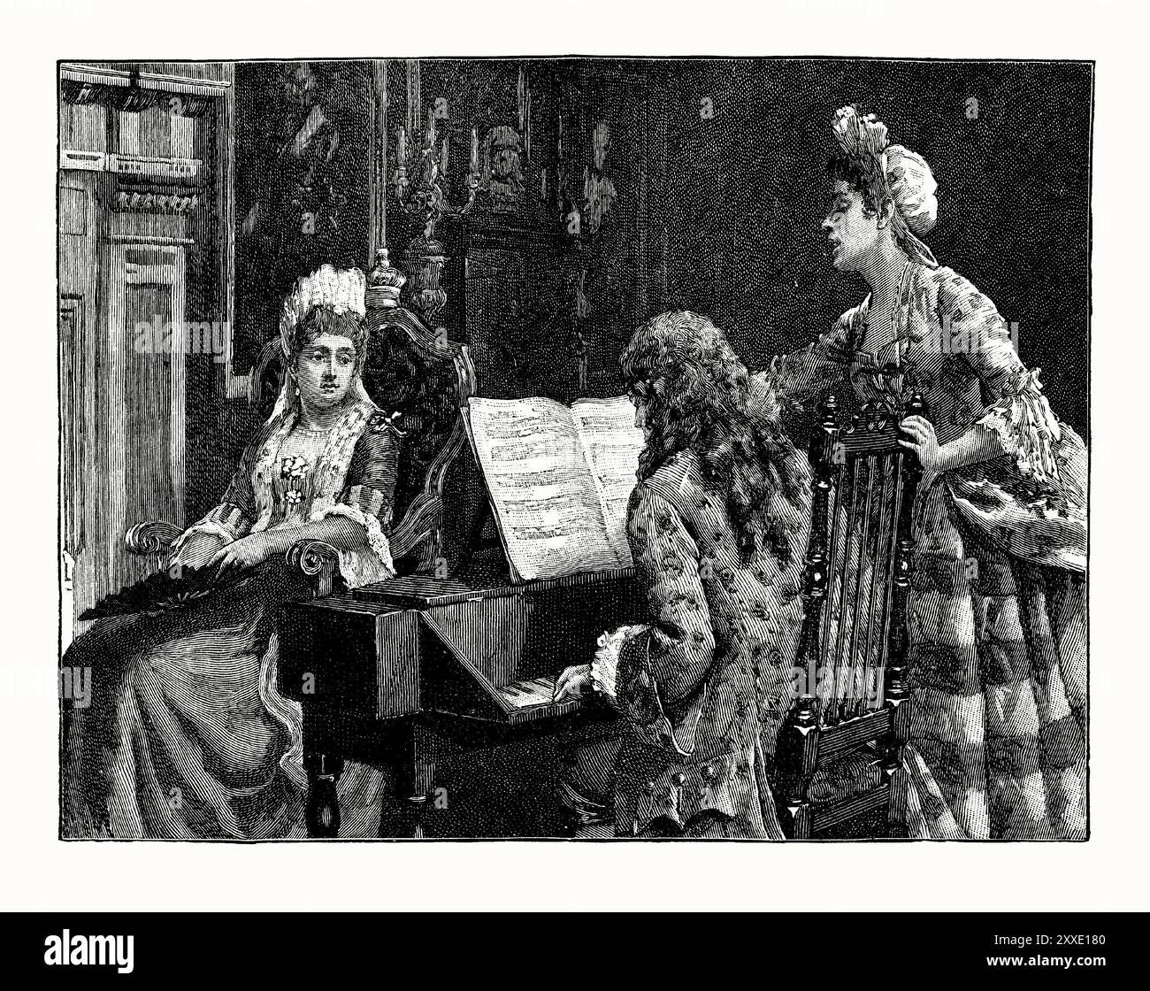 An old engraving of the singer Arabella Hunt (right) at the court of Queen Mary II (left) of England, UK in the 1700s. It is from a Victorian history book of c.1900. Arabella Hunt (1662–1705). At court Hunt was employed at the royal court as a singer and lutenist. She was well thought of by Queen Mary, and gave singing lessons to Princess Anne. Later Queen Mary gave her an annual pension of £100. Stock Photo