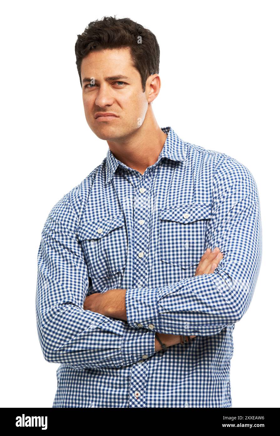 Portrait, confused and man with arms crossed, doubt and model isolated on white studio background. Face, person and guy with facial expression Stock Photo