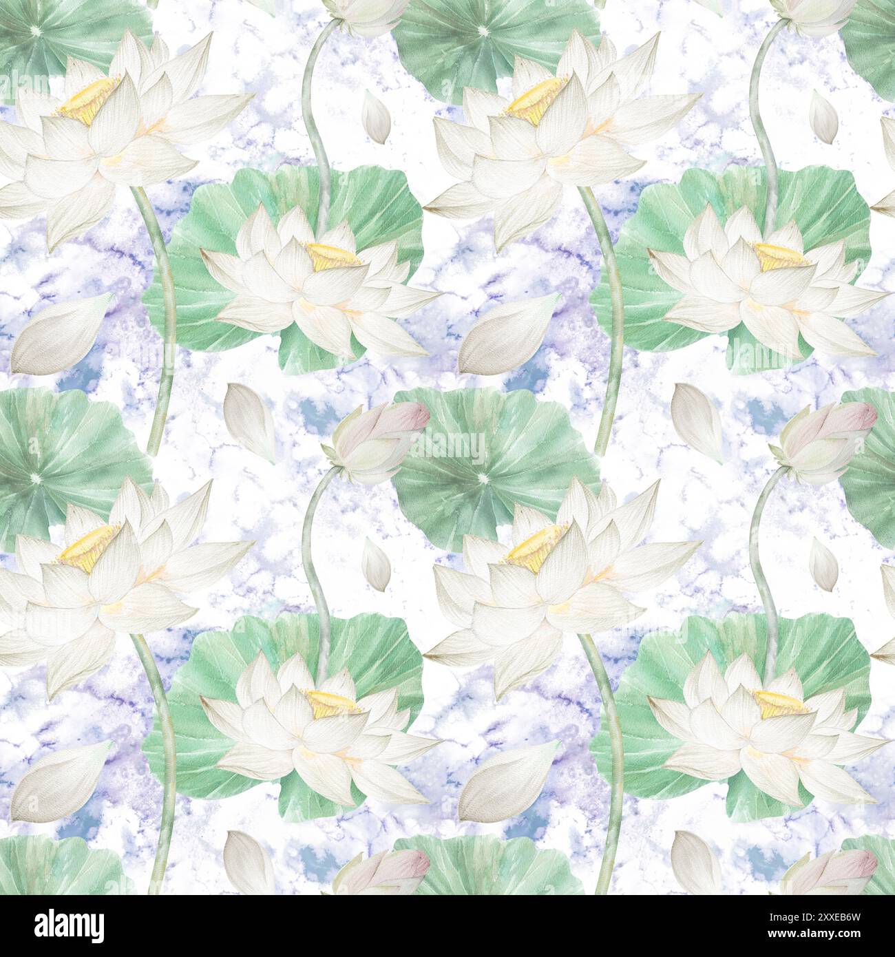 Seamless pattern with watercolor flowers lotuses lotuses, buds and ...
