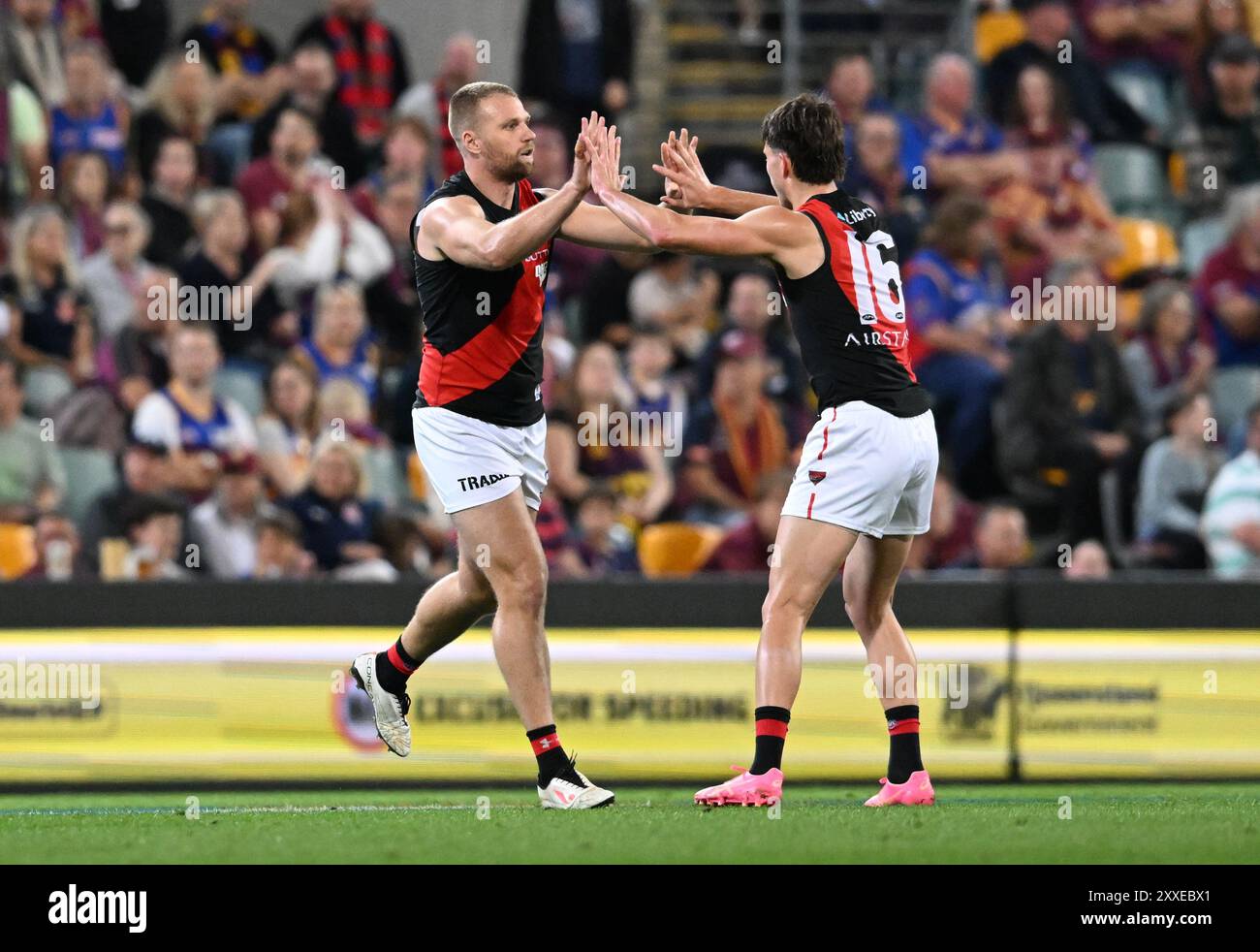 Brisbane, Australia. 24th Aug, 2024. Jake Stringer (left) of the Bombers  celebrates kicking a goal Archie Perkins (right) during the AFL Round 24  match between the Brisbane Lions and the Essendon Bombers, image size:1300x982