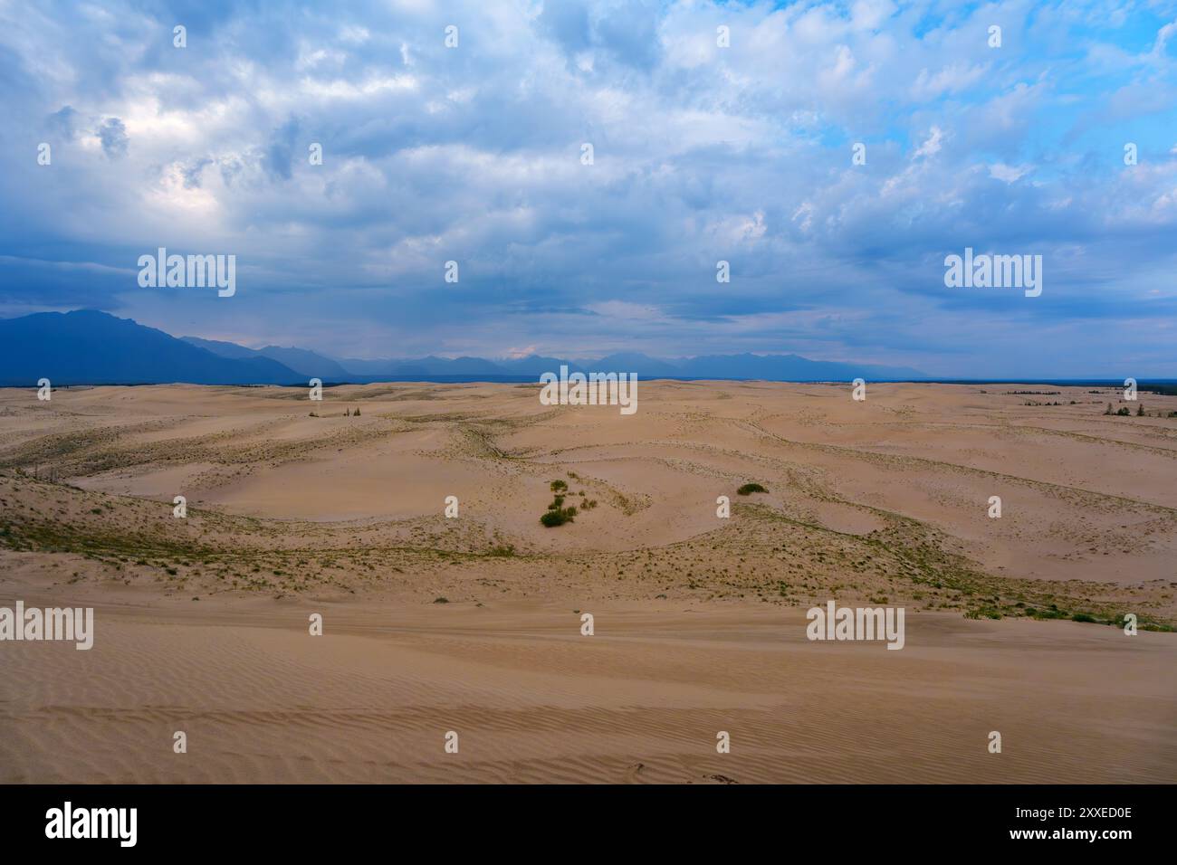 A vast landscape of rolling desert dunes under a dramatic sky, with ...