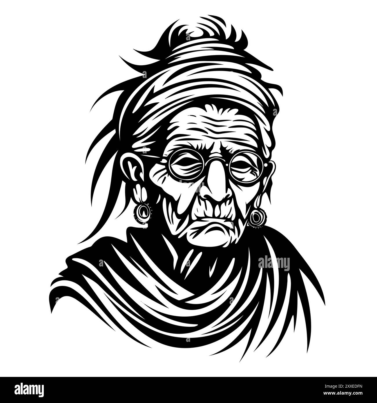 Elderly Woman with Glasses in Tribal Illustration Style Stock Vector
