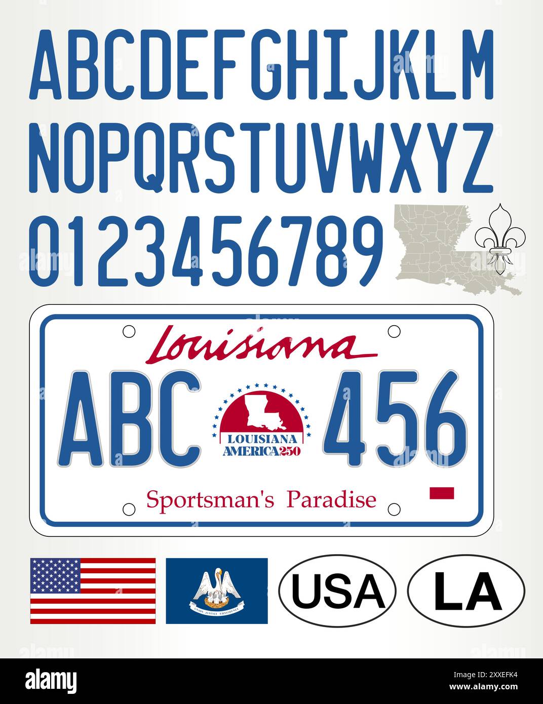 Louisiana new state car license plate pattern, letters, numbers and symbols, vector illustration, USA Stock Vector