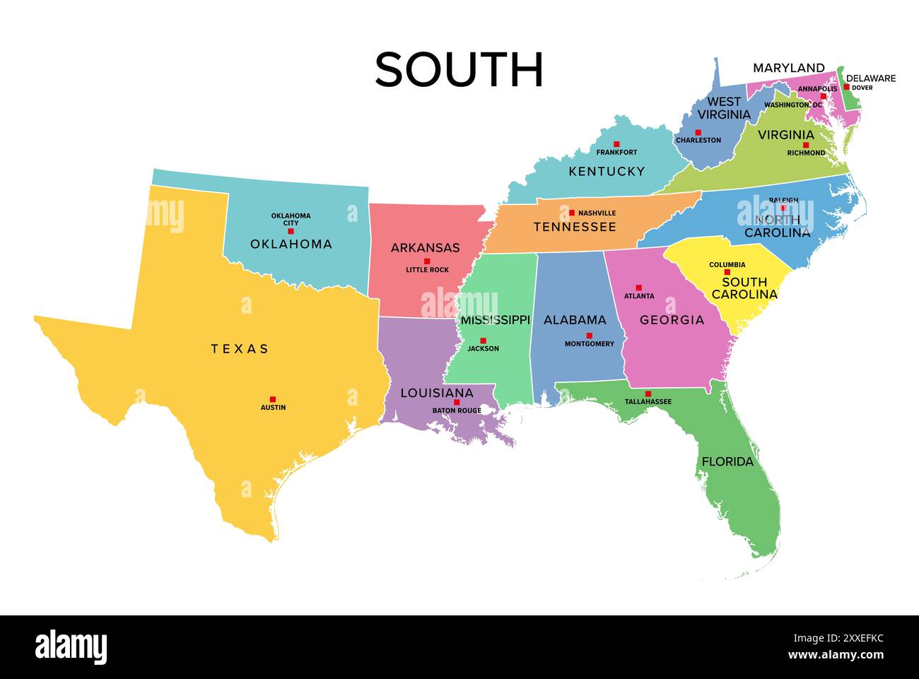 Southern states map usa Cut Out - South Us Census Region Colored Political Map Census Region 3 Of United States Consisting Of 16 Single States And District Of Columbia 2XXEFKC