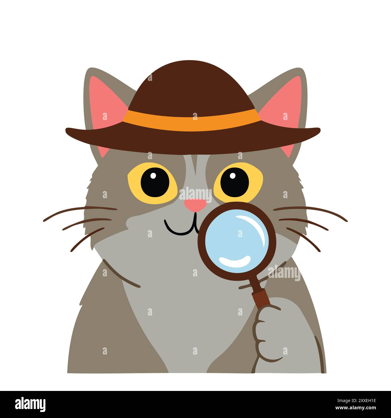 Detective cat with magnifying glass. Cute gray cat wearing a detective hat and holding a magnifying glass. Ideal for kids' books, social media, or edu Stock Vector