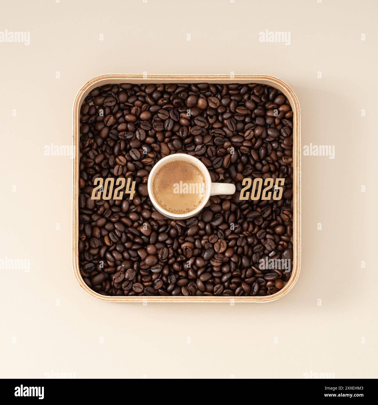Happy New Year 2025. Cup of coffee change 2024 to 2025 on pastel cream background. Start concept