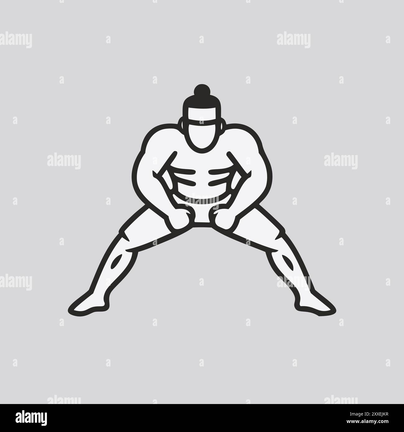 Sumo wrestler ready to fight. Black and white line art illustration of 