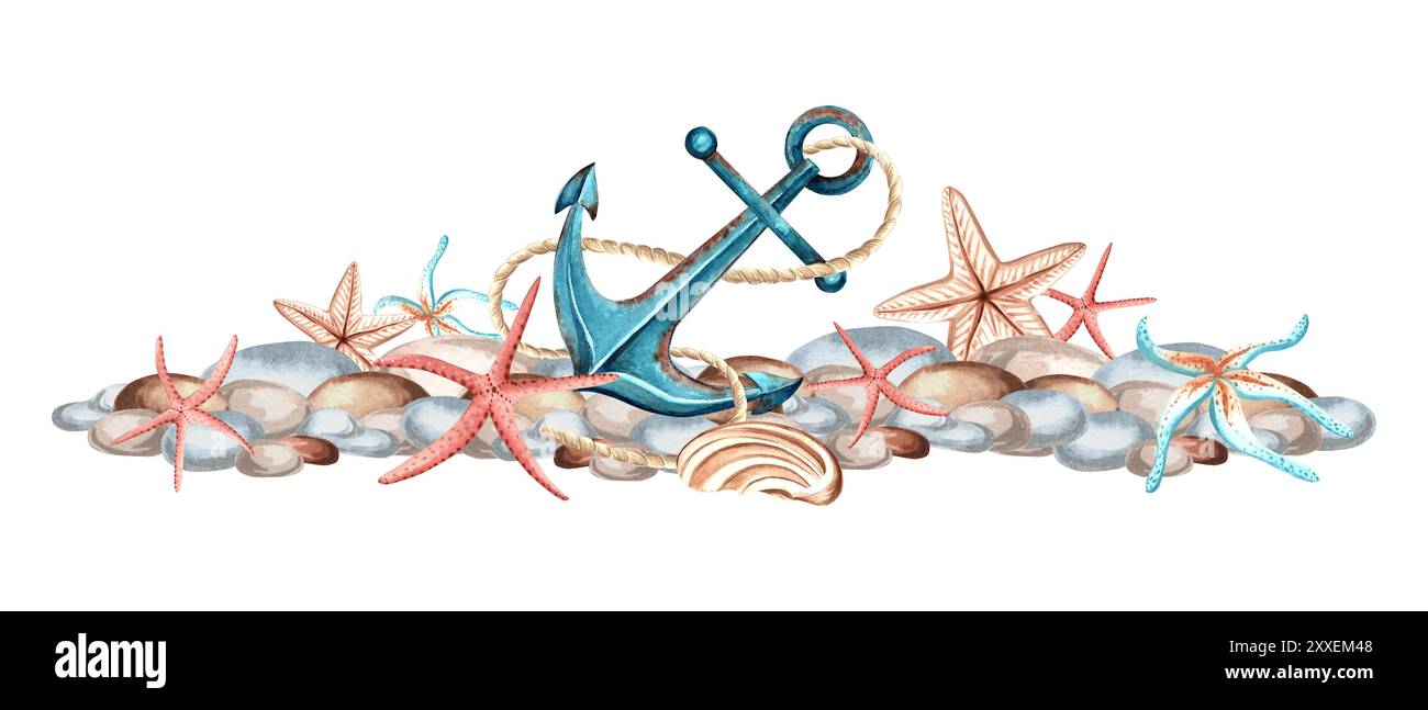 Anchor with shells and starfish on pebbles. Watercolor illustration ...