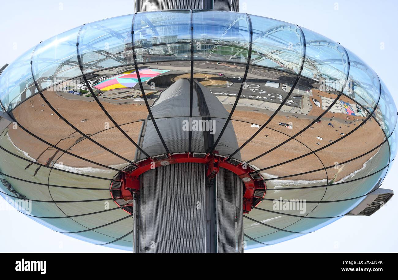 Close-up of the pod of the Brighton attraction i360, a tall tower with glass pod climbing 450ft with views across the South Coast. Stock Photo