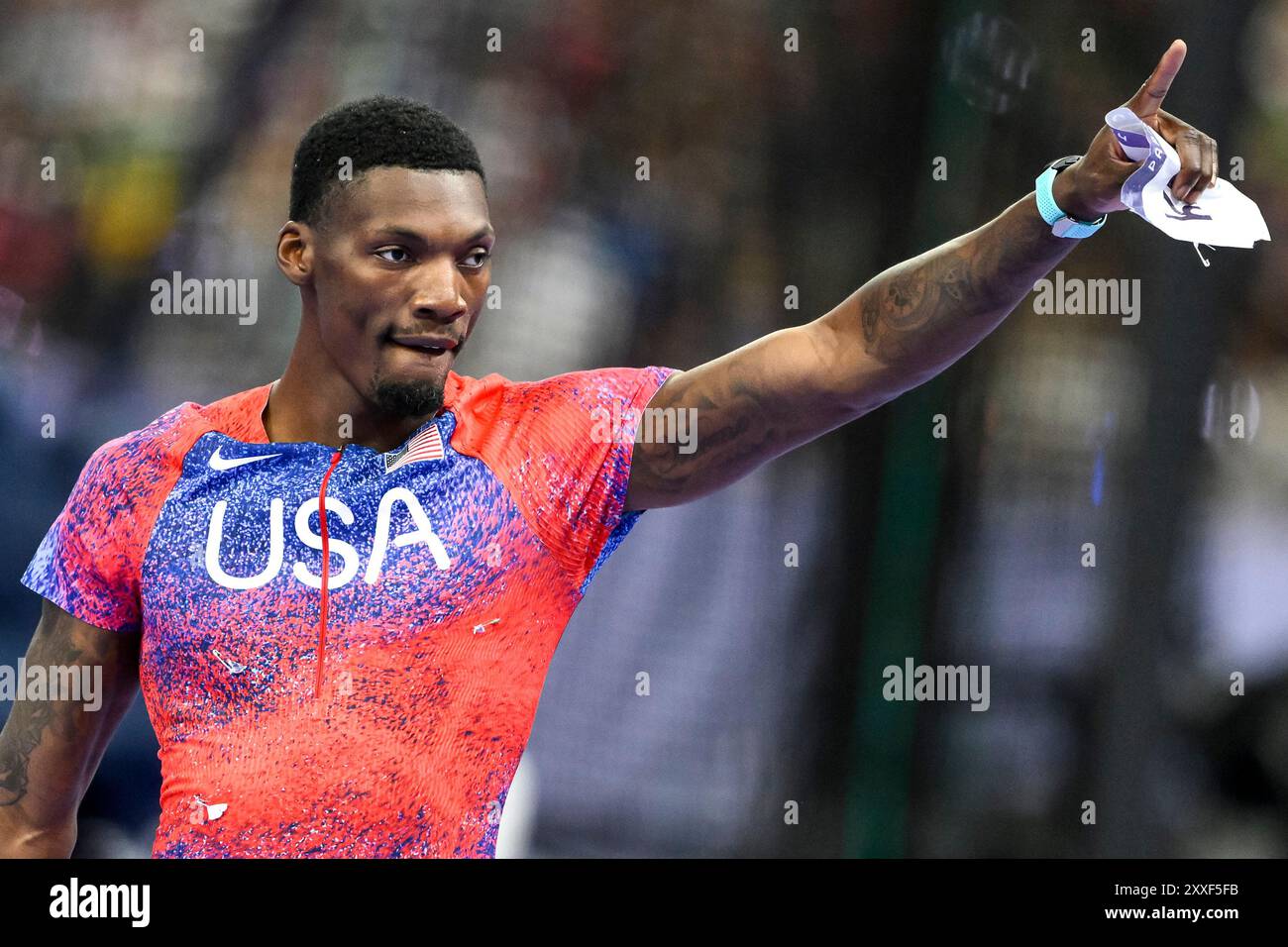 Fred Kerley of United States of America celebrates after competing in