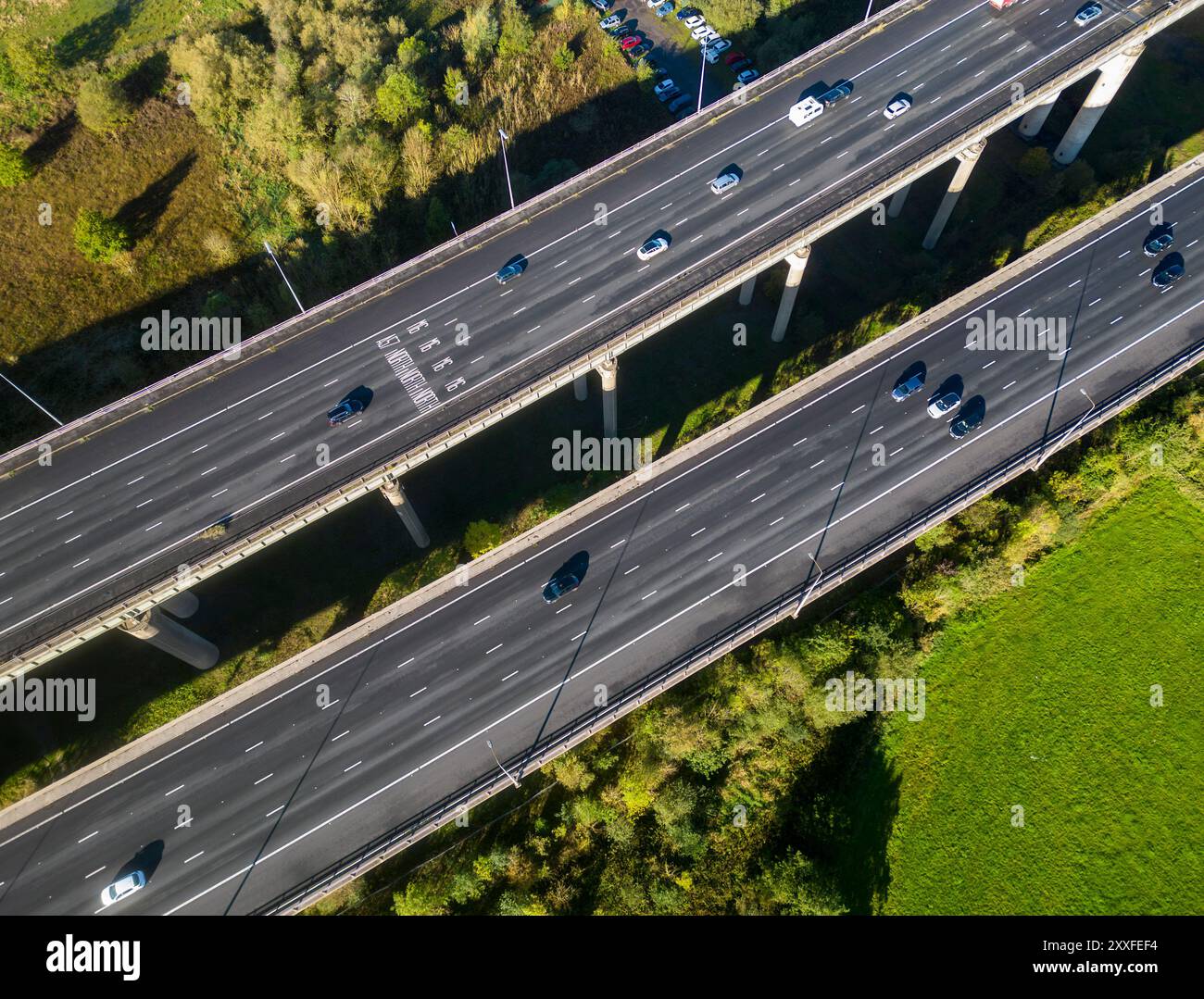 Thelwall Viaduct, M6 motorway at Lymm, Warrington, Cheshire, England, overhead view Stock Photo