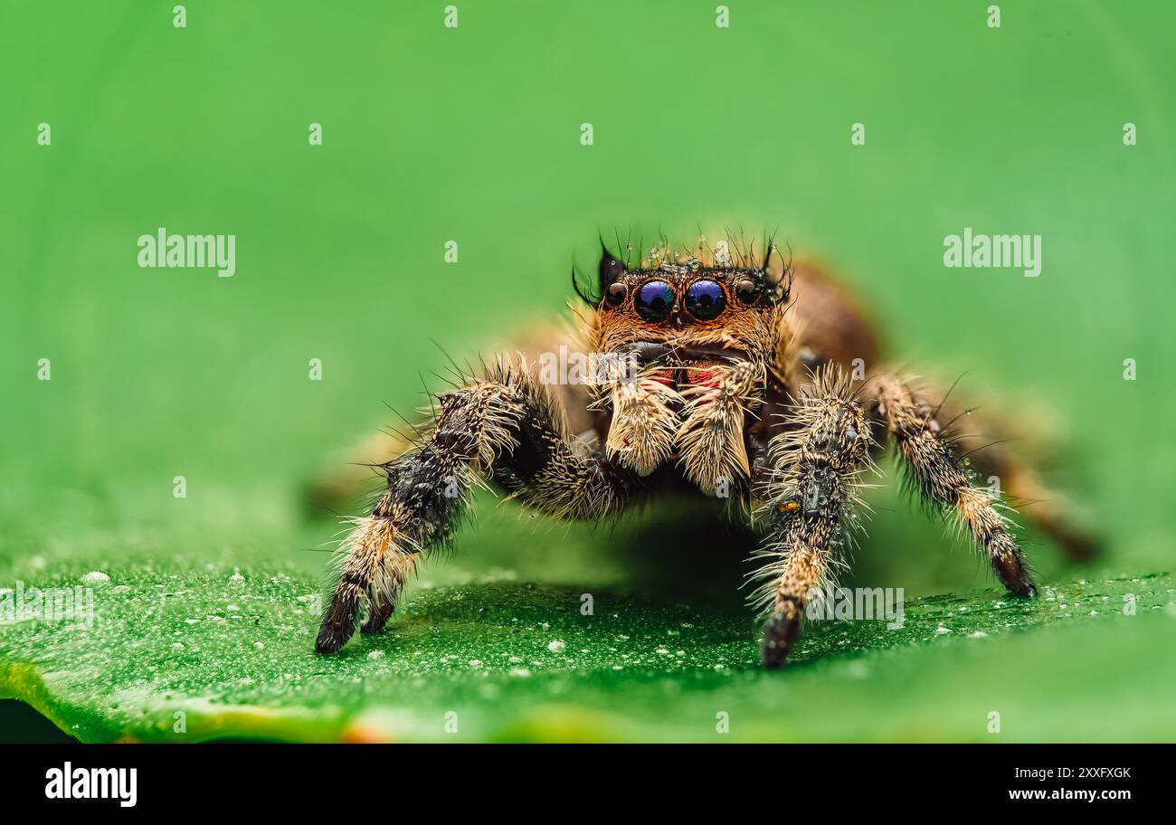 A jumping spider (Salticidae) is seen in a detailed macro shot, covered in water  droplets and sitting on a blue flower. The close-up view highlights t Stock  Photo - Alamy, image size:1300x912