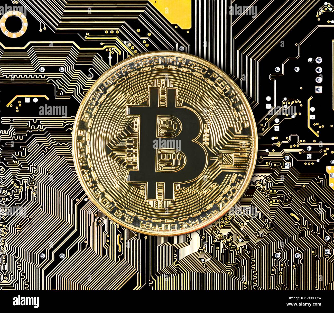 Blockchain technology bitcoin mining concept. Cryptocurrency bitcoin coin on circuit board Stock Photo