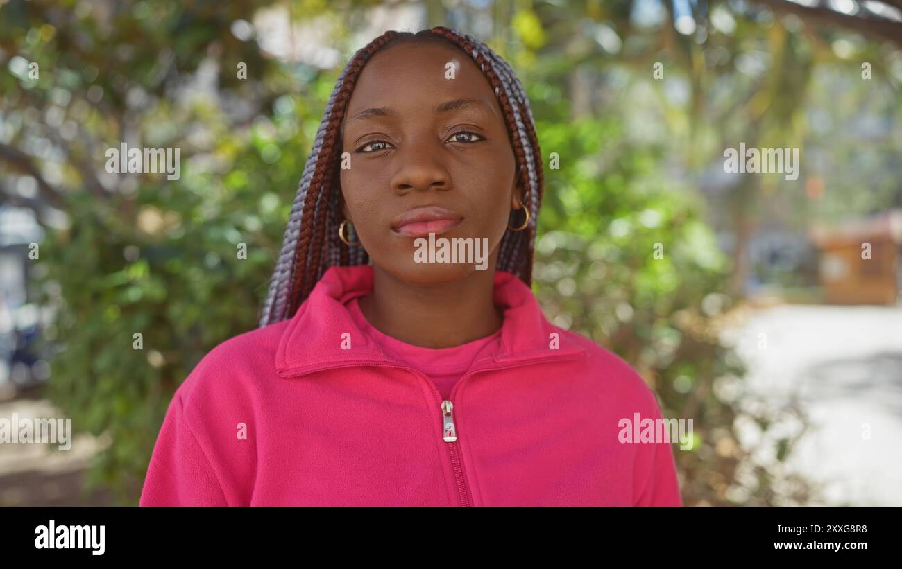 Portrait of a confident african woman with braids wearing pink outdoors ...