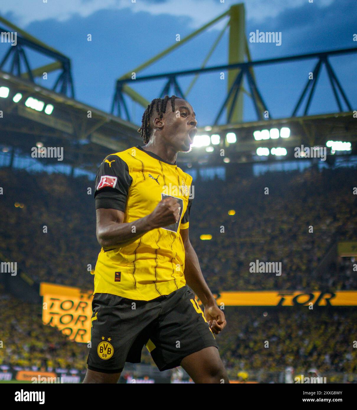 Dortmund, Germany. 24th Aug 2024. Goal celebration: Jamie Gittens (BvB ...