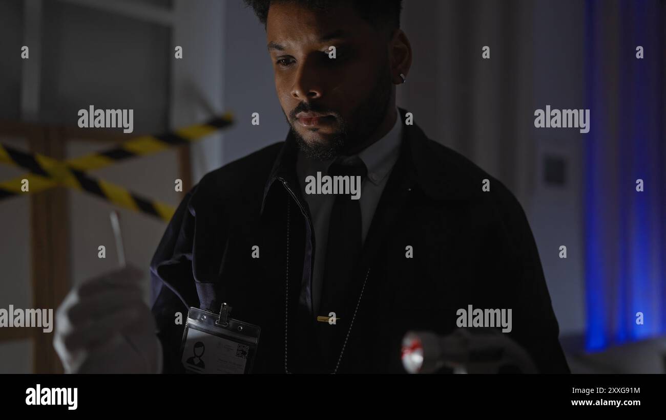 African american man in detective role indoors, analyzing crime scene ...