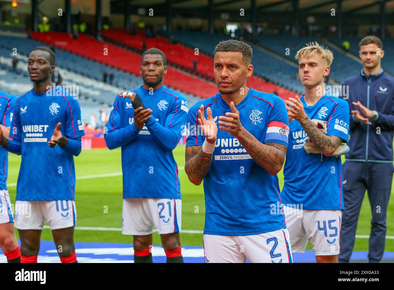 Glasgow, UK. 24th Aug, 2024. Rangers FC played Ross County FC in a Scottish Premiership match. held at Hampden Park, Glasgow, Scotland, UK. The game was played at Hampden because Rangers home stadium, Ibrox, is undergoing renovation. The final score was Rangers 6 - 0 Ross County. The goals were scored by Cyriel Dessers (Rangers 9) 18, 58 mins. Rabbi Matondo (Rangers 17) 45, 69 mins. Tom Lawrence (Rangers 11) 65mins. Danilo (Rangers 99) 90 mins. Credit: Findlay/Alamy Live News Stock Photo