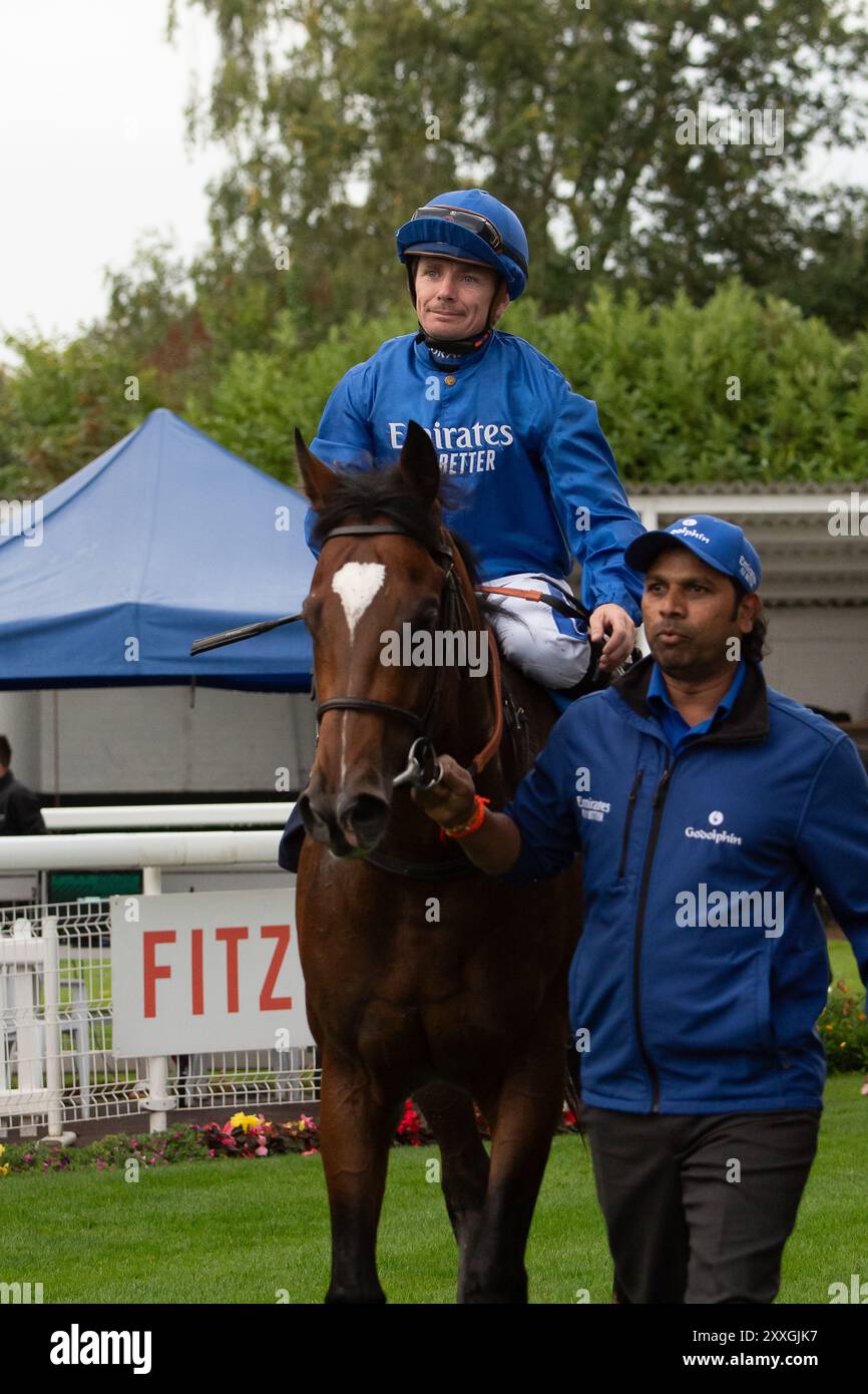 MIDNIGHT THUNDER ridden by jockey Kieran O'Neill wins the Get Raceday Ready Novice Stakes (Class 5) (GBB Race) at Royal Windsor Racecourse in Windsor, Berkshire at the Summer Closing Party. Owner and Breeder Godolphin, Trainer Saeed bin Suroor, Newmarket, Sponsor Emirates Fly Better. Credit: Maureen McLean/Alamy Live News Stock Photo