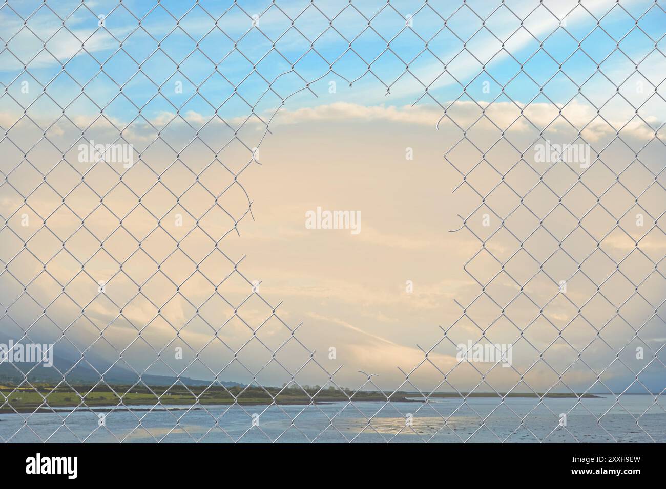 Hole in a wire mesh fence Stock Photo