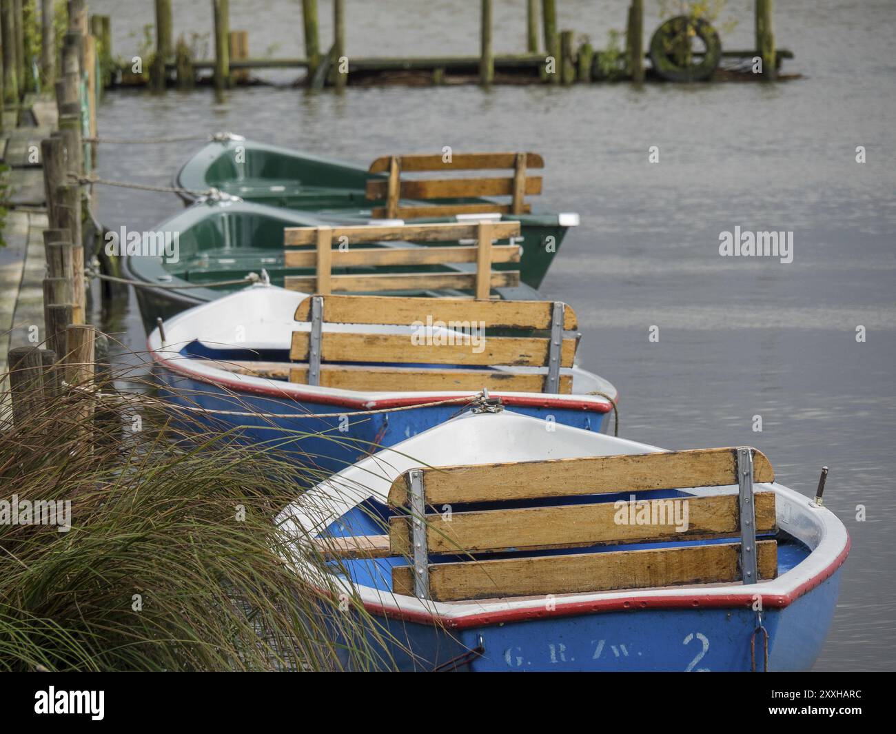 Rowing boats in the harbour, moored to a wooden jetty, calm water ...