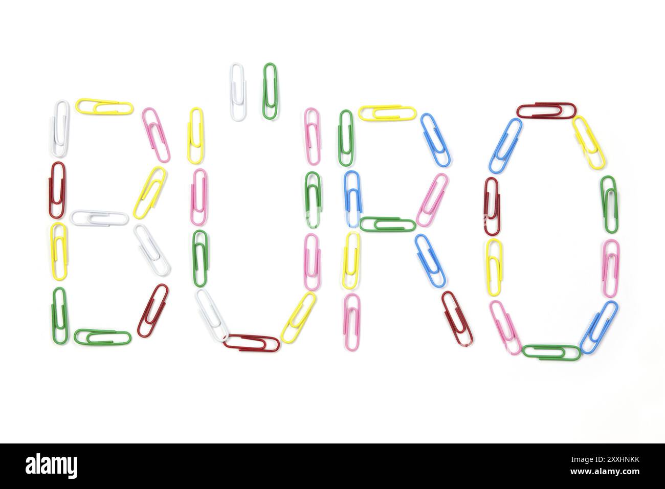 Colourful, plastic-coated paper clips that make the German word for office addictive Stock Photo