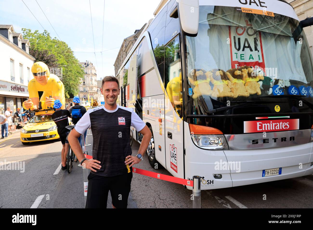 The bus and driver of Tadej Pogačar and his UAE Team Emirates team at the finish of the 8th stage of the Tour de France cycling race in Limoges. Limog Stock Photo