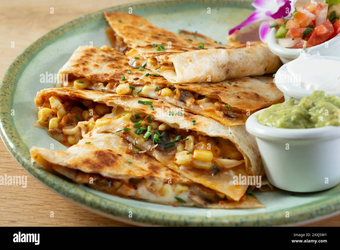 A view of a corn quesadilla. Stock Photo